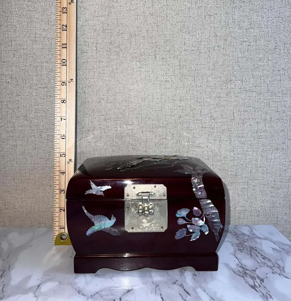 Vintage Korean Red Brown Lacquered Jewelry Box With Mother Of Pearl Birds 6.75